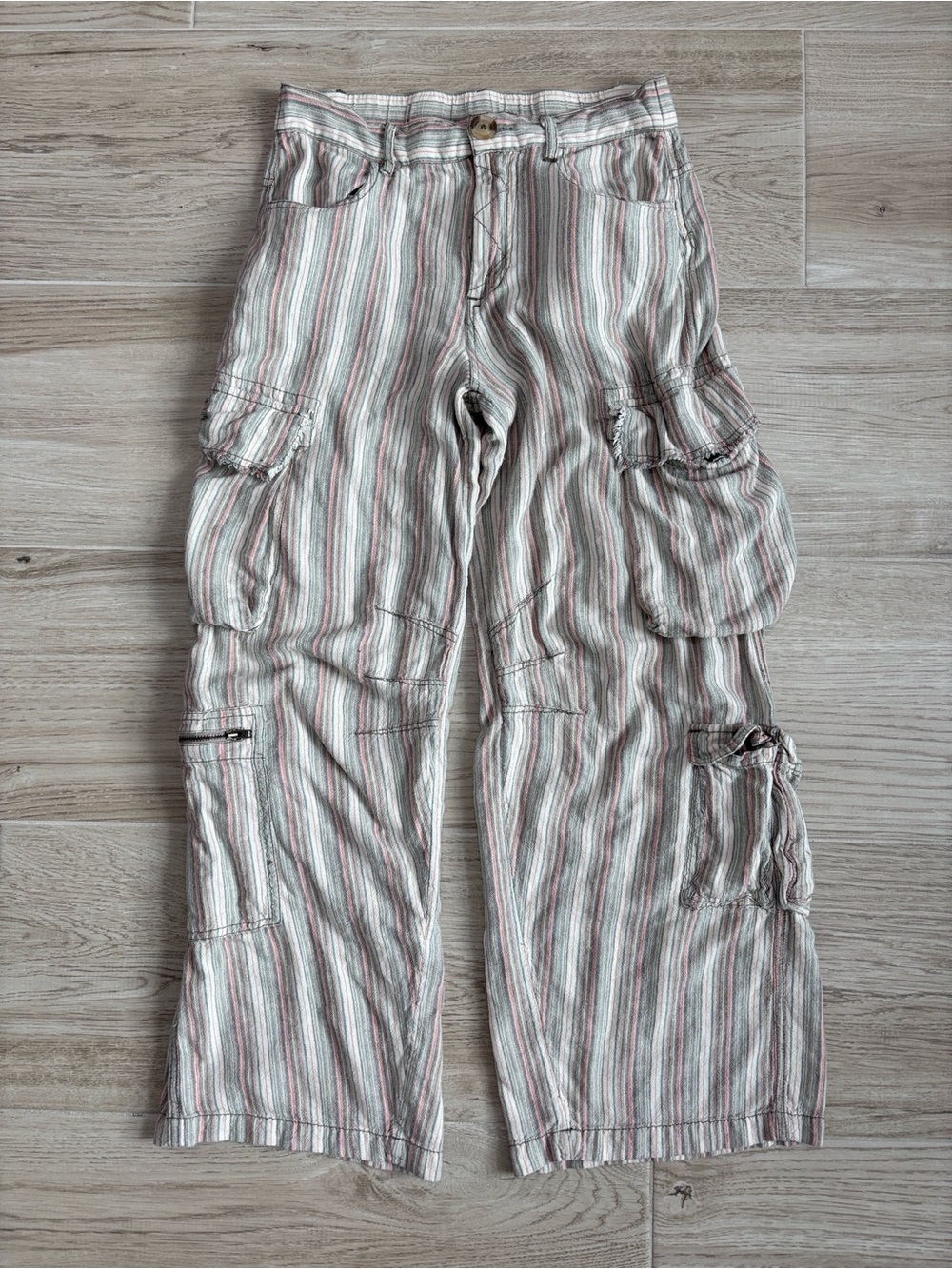 UO Alexandra Linen Striped Cargo Pants Baggy Low Rise Women’s Size Small